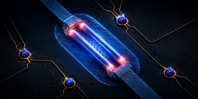 Two glowing superconducting nanowires bridging an indium-arsenide device, evoking a topological qubit