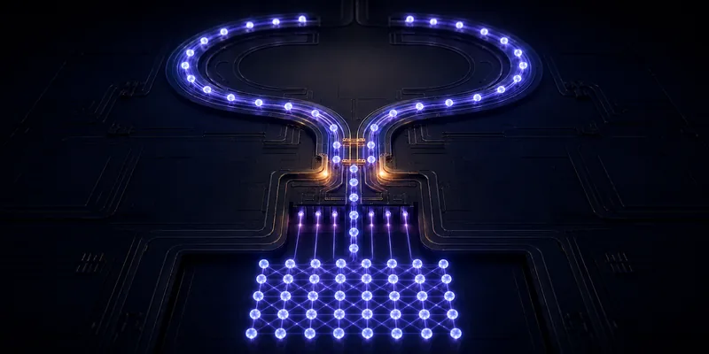 Glowing trapped ions arranged in a loop above a lattice of qubits on an ion-trap chip