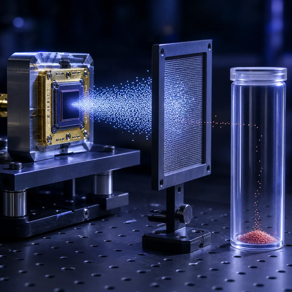 A superconducting quantum processor on a dark lab platform beside a transparent collection vessel, with a fine mesh screen stopping almost all of a stream of blue-white particles so only a small coral-red deposit reaches the vessel